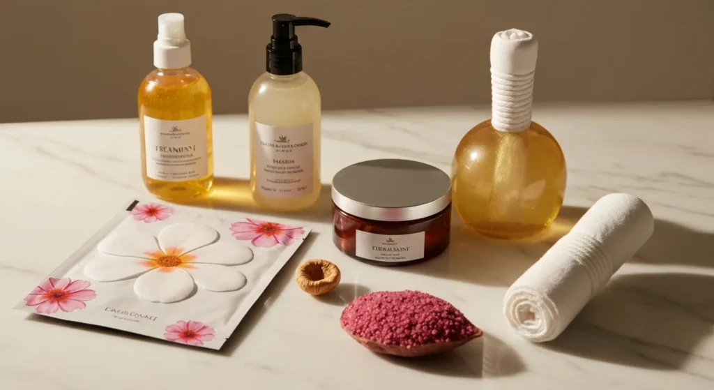 Premium spa package elements with massage oils and flowers - Bali Luxury Spa