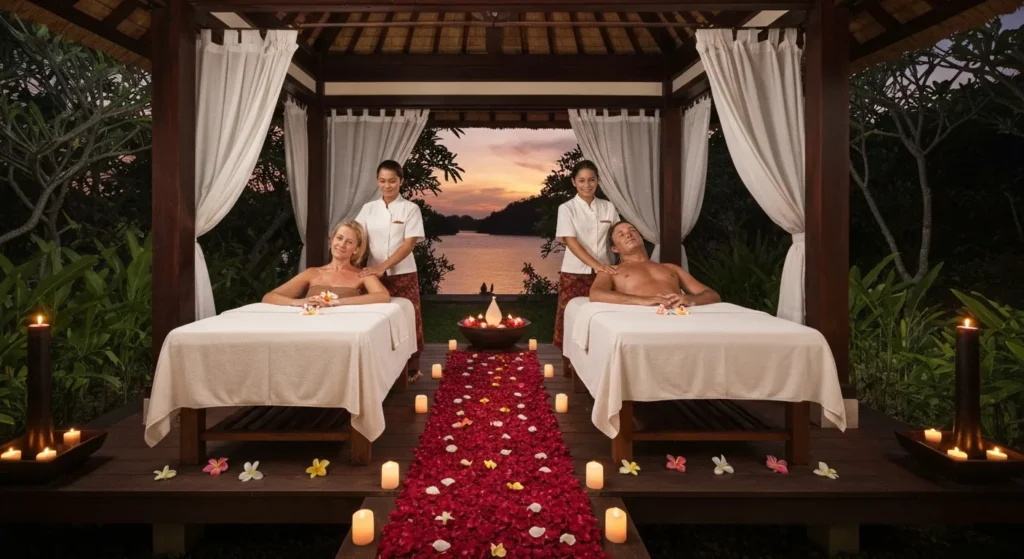 Romantic couples spa treatment suite in tropical Bali pavilion - Bali Luxury Spa