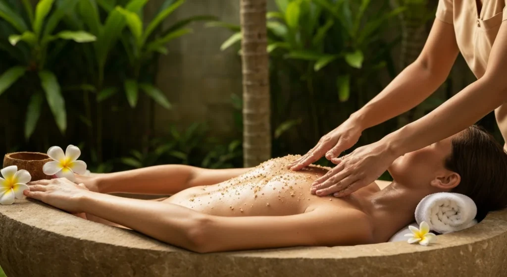 Luxury coconut body scrub treatment in tropical Bali spa - Bali Luxury Spa