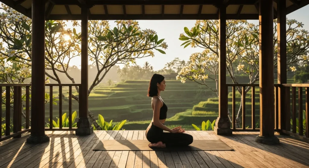 Yoga practice on wooden deck with rice terrace view - Bali Luxury Spa
