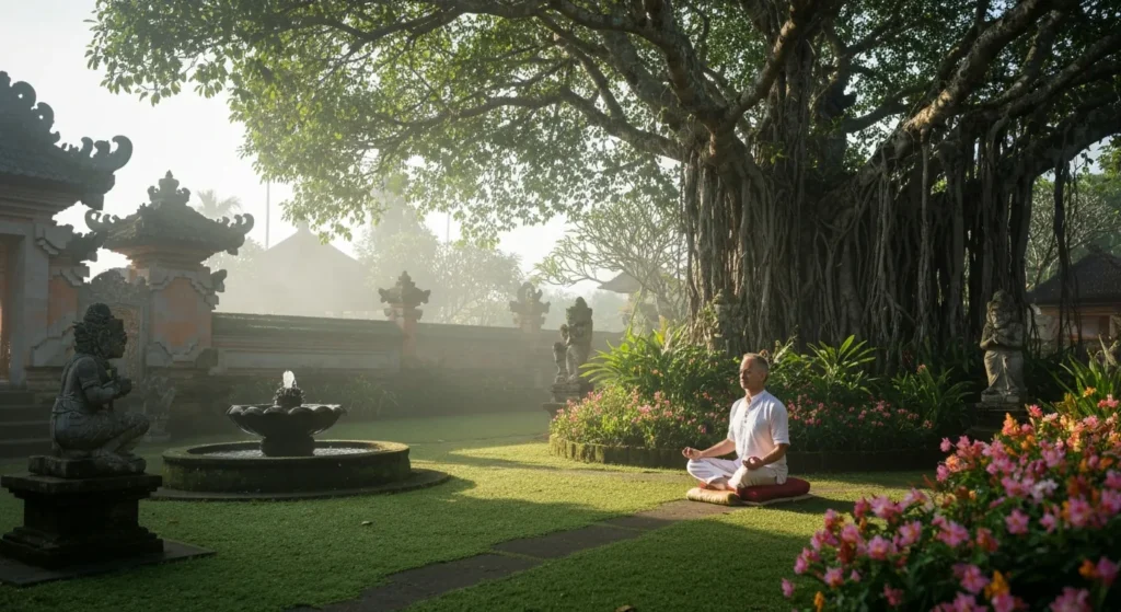 Peaceful meditation in traditional Balinese temple garden - Bali Luxury Spa