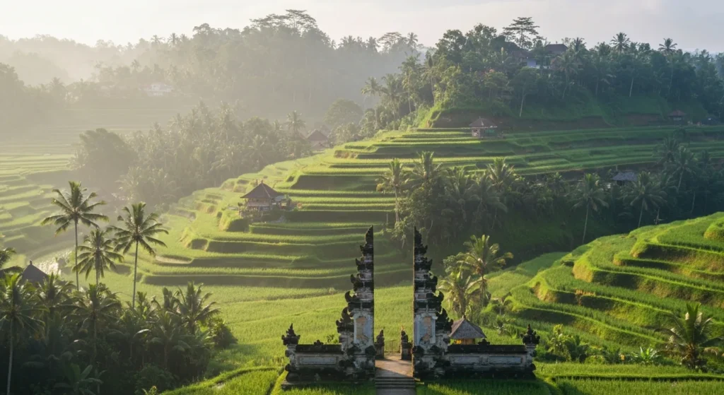 Ubud Bali rice terraces in morning mist - Bali Luxury Spa
