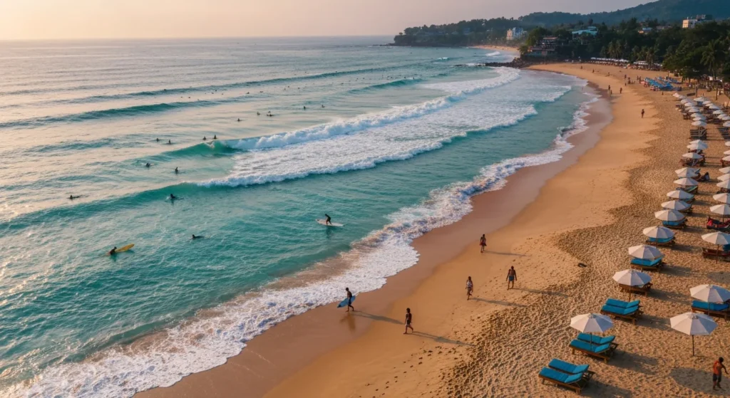 Kuta Beach Bali golden sand with surfers at sunset - Bali Luxury Spa