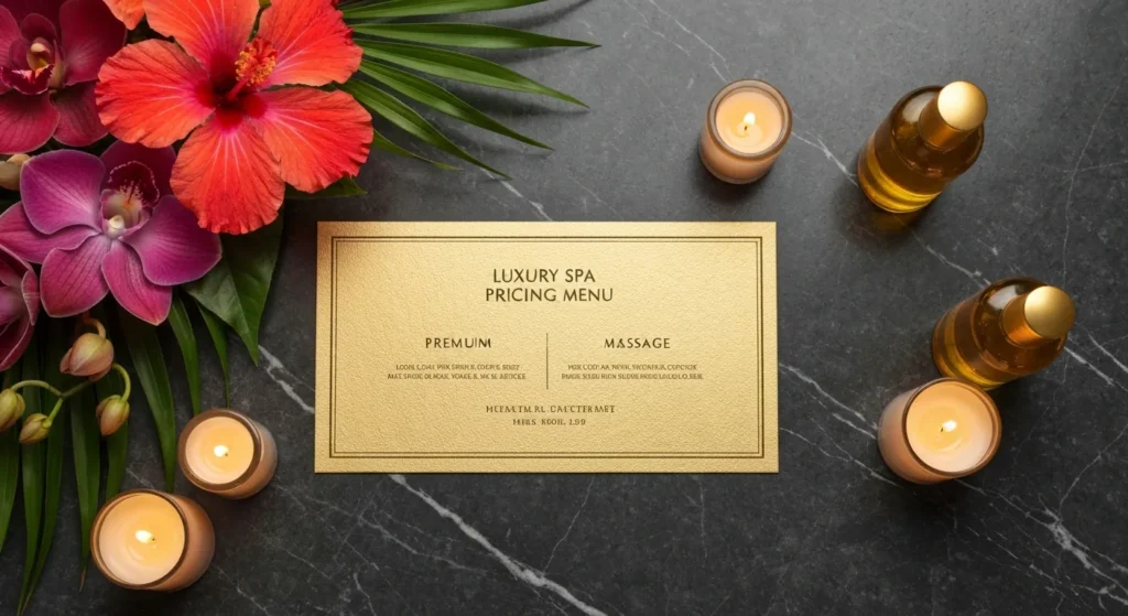 Luxury spa pricing menu with gold embossing - Bali Luxury Spa Price List